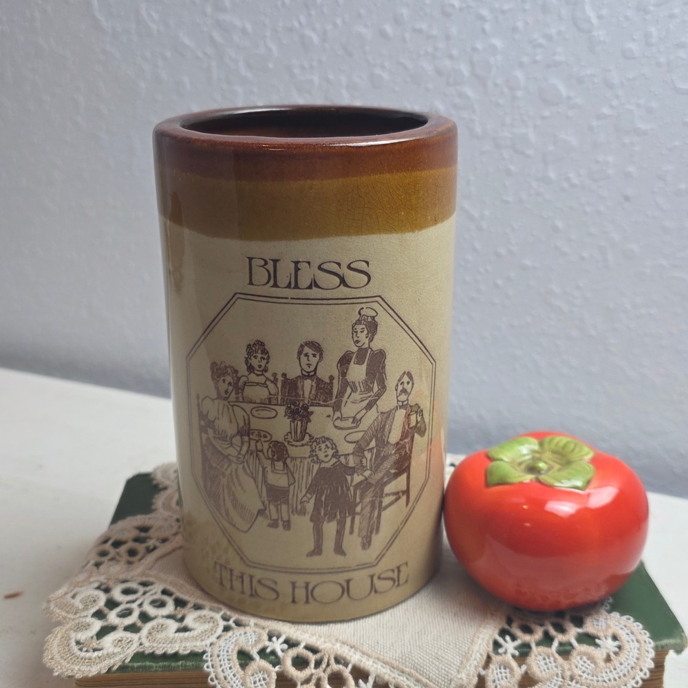 Vintage 70s Enesco "Bless This House" Earthenware Kitchen Utensil Holder